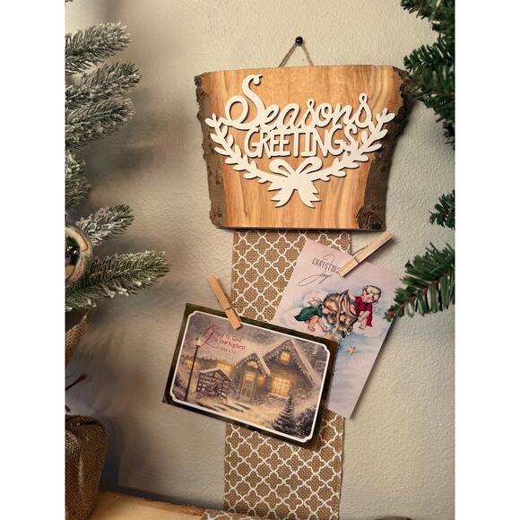 Seasons Greetings Holiday Card Holder Wooden Aspen Topper Wide Burlap Ribbon - Picture 1 of 5